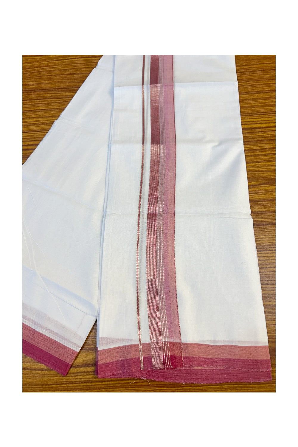 21% DISCOUNT!! Kaitharikada Balaramapuram 100% Cotton Ultra WHITE Double Mundu/Dothi-100x80   2.25 Inch Pink & silver striped Cotton Kara -14KK63VIN