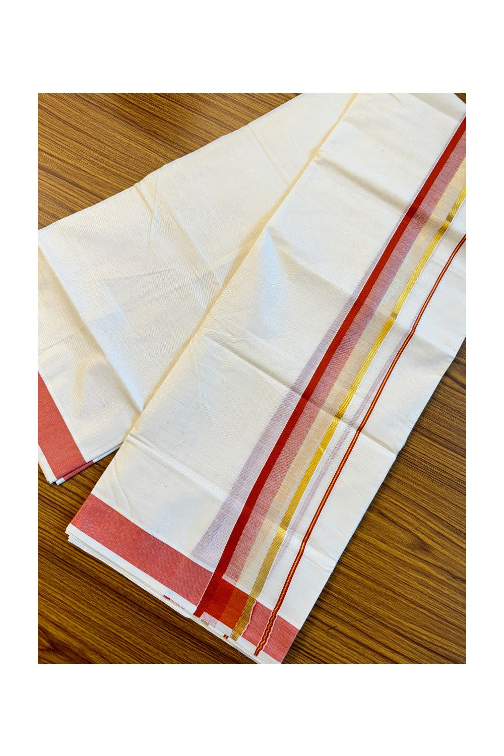 16% DISCOUNT!!! KaithariKada Balaramapuram 100%  Cotton off white - (Unbleached) Double  Mundu/Dhoti - 100X100  brick red & kasavu  shaded kara - 14KK82VIN