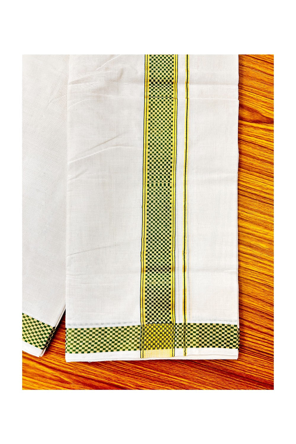 18 % DISCOUNT ! KaithariKada HANDLOOM Unakkupaav Balaramapuram - 100% PURE Cotton 4.58 Meter Off White Double Mundu/Dhoti - Green Check & KASAVU DESIGN 2.5 Inch KARA- ABH14