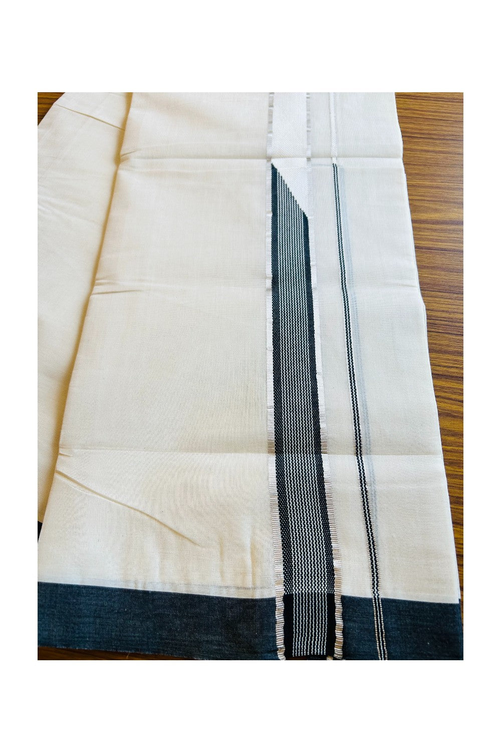 18% Discount !!KaithariKada Balaramapuram 100% Cotton Double - (Unbleached) Mundu/Dhoti-100x100  1.5 inch Heavy Chutty Silver Kasavu & Black kara - 14KK401VIN