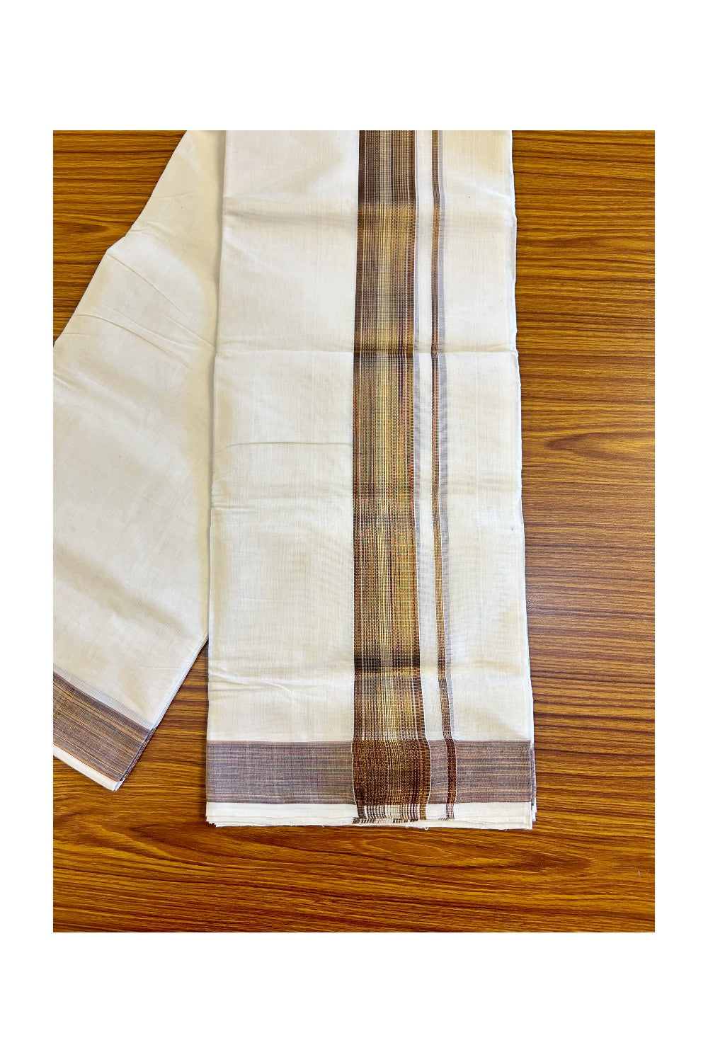 18% DISCOUNT!! KaithariKada HANDLOOM Millpaav Balaramapuram - 100% PURE Cotton OFF White Double Mundu/Dothi - 2.75 inch Brown & kasavu striped kara - 14KK410RAM