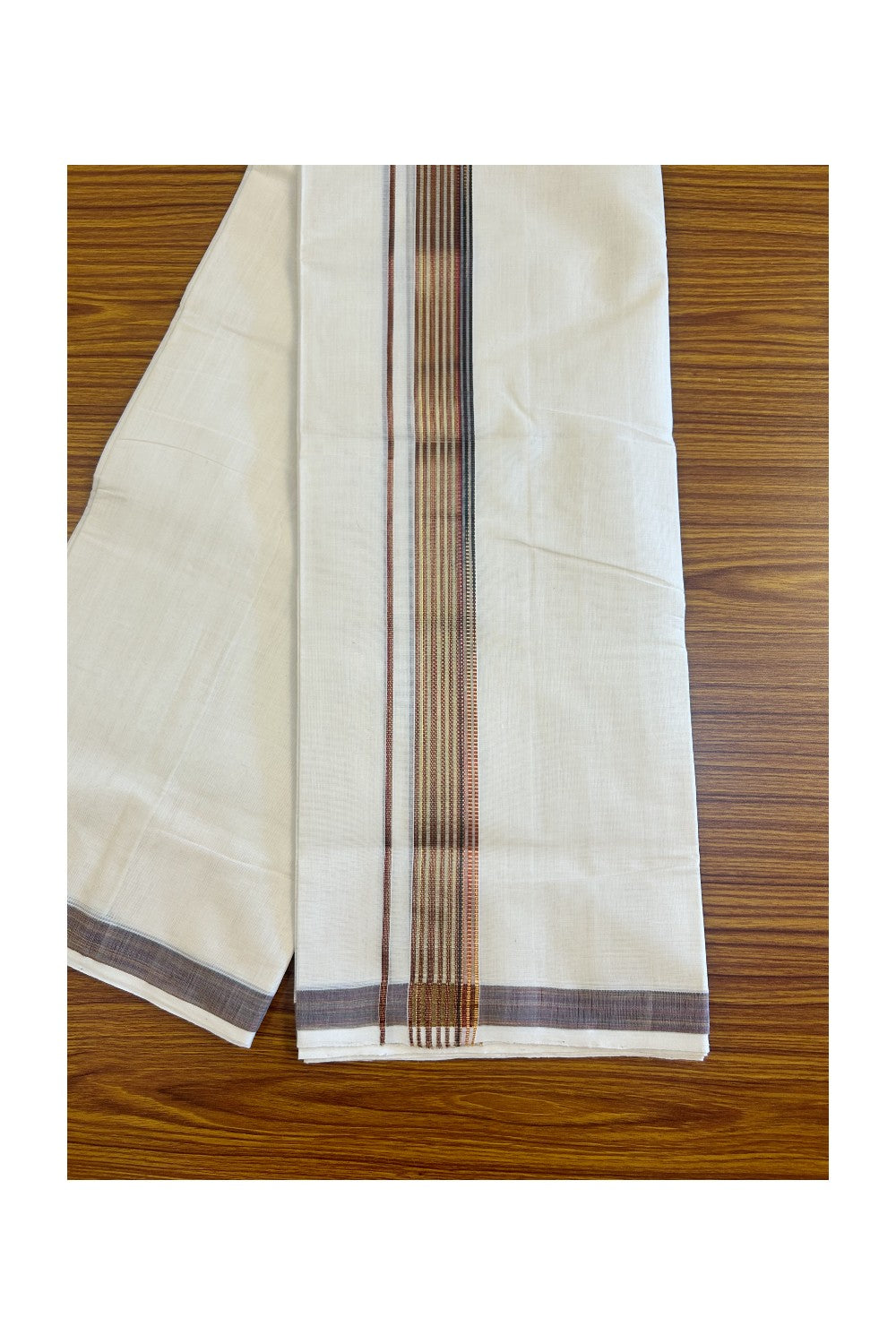 15% DISCOUNT!! KaithariKada HANDLOOM MILLPAAV Balaramapuram - 100% PURE Cotton OFF White - (Unbleached) Double Mundu/Dothi - 2.25 inch Brown & kasavu striped kara - 14KK453RAM