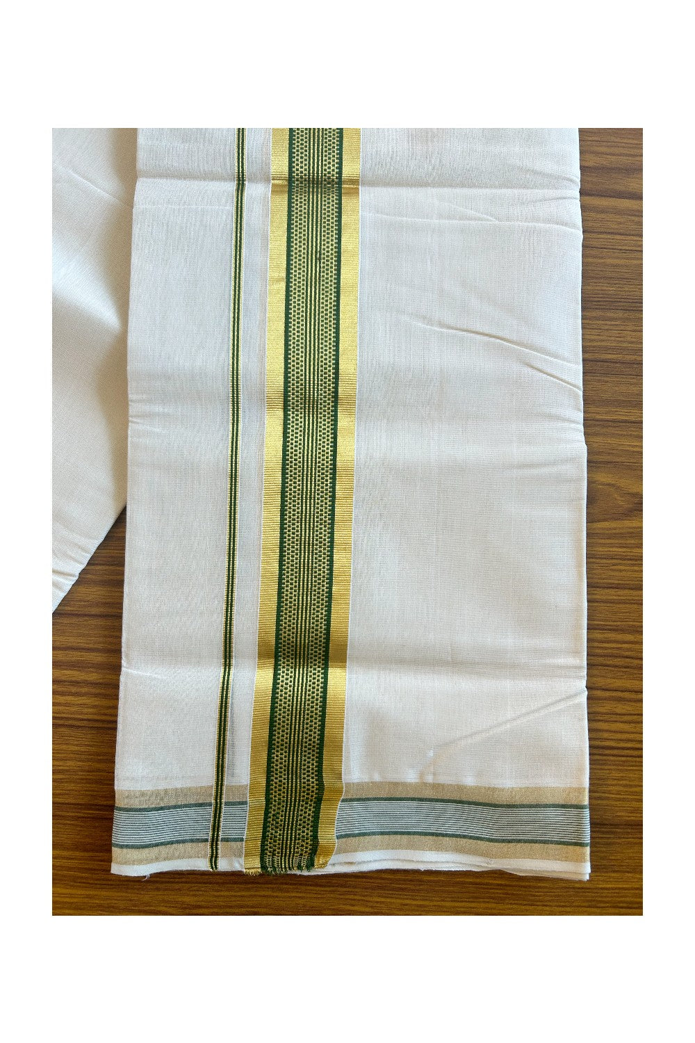 20% DISCOUNT!! KaithariKada HANDLOOM Millpaav Balaramapuram - 100% PURE Cotton OFF White - (Unbleached) Double Mundu/Dothi - 2.75 Inch Kasavu  & Green striped pattern Kara - 14KK456KK