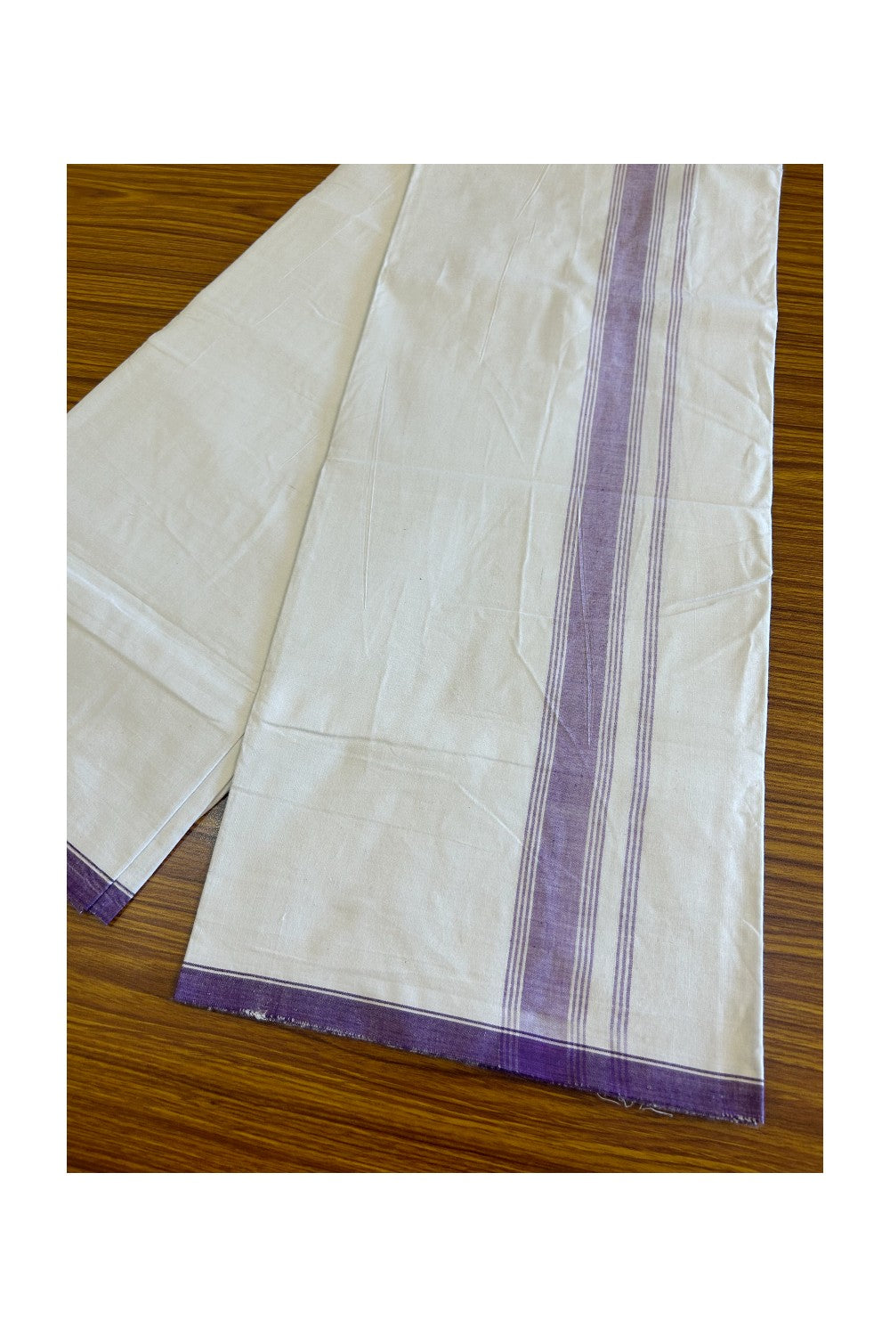 Ultimate HANDLOOM-19% Discount! - Kaitharikada Kalamachal-Government Sealed HALLMARKED-100% PURE COTTON! (80x80) Twisted Thread- Light WHITE SINGLE Mundu / Dhoti - 2.25 inch Lavender Violet Striped Kara - 14KK478KAL