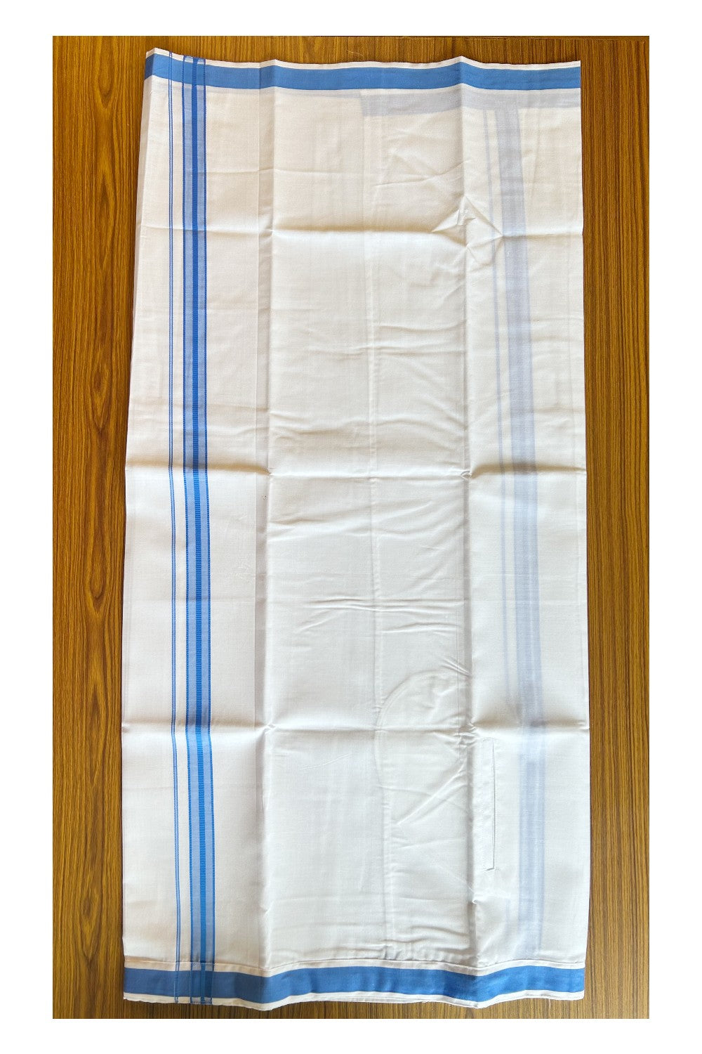 KaithariKada Balaramapuram COTTON SINGLE PURE WHITE VELCRO Mundu/Dhoti - 1.75inch Blue kara - 14KK485SRI