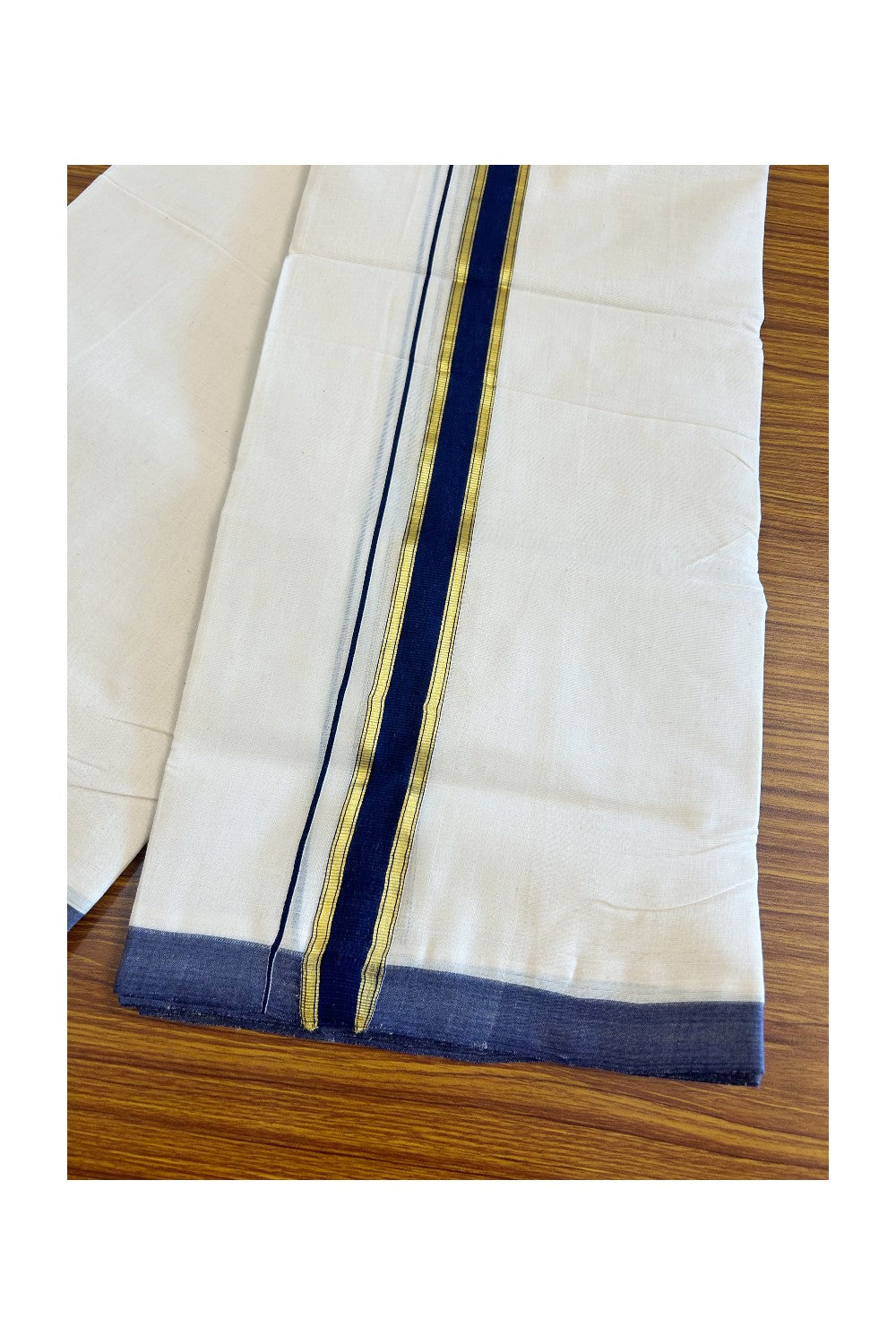 21% Discount KaithariKada Balaramapuram Handloom 100% Cotton Double Off white Mundu/Dhoti-100X100- 2 inch Gold Kasavu & Navy Blue Kara.- 14KK498KK