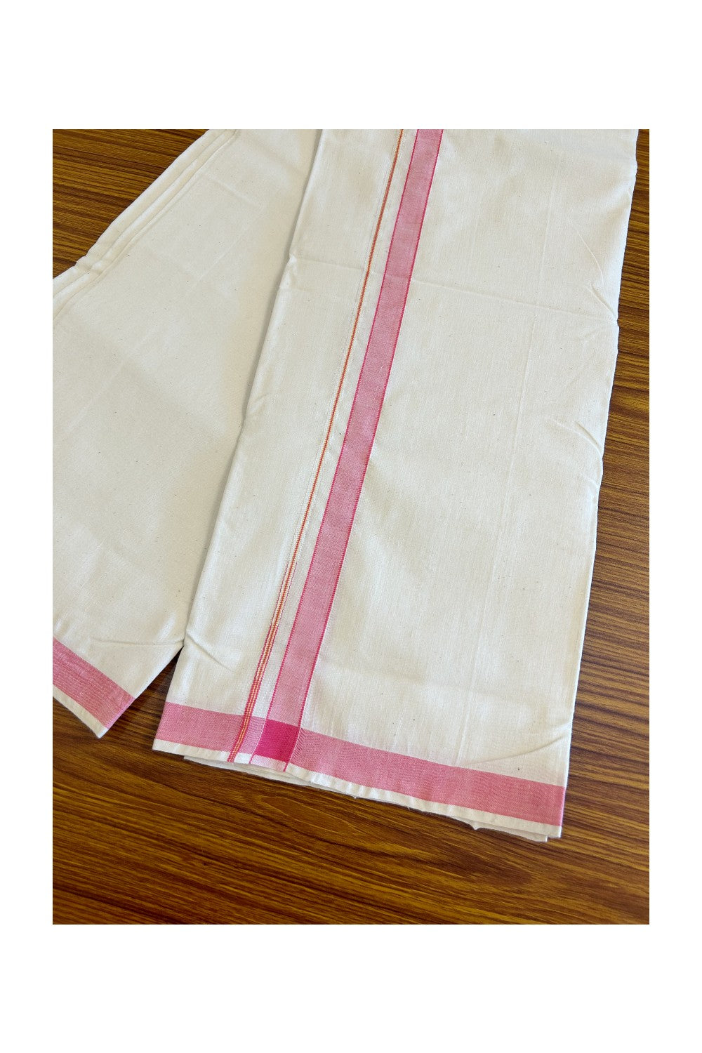 32% Discount KaithariKada 100% Cotton Balaramapuram HANDLOOM Single Mundu/Dhoti - Off White - (Unbleached) Puliyilakara chutty Kasavu & 1.25 inch Pink Kara - 14KK499KK