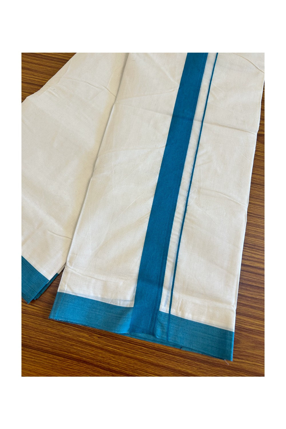 10% Discount!!! KaithariKada Balaramapuram 100% Cotton Double Off white Mundu/Dhoti-100x100 2  inch Peacock Blue Kara - 14KK500KK