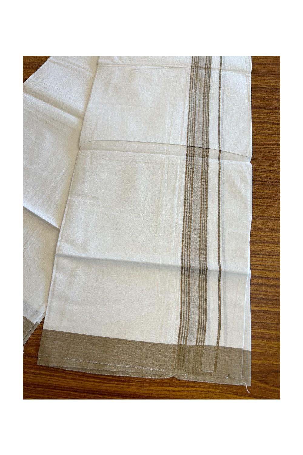 8% Discount ! Kaitharikada Balaramapuram 100% Cotton PURE WHITE SINGLE Mundu/Dothi- 1.75 inch Sand Brown Striped Kara - 14KK5032GAN