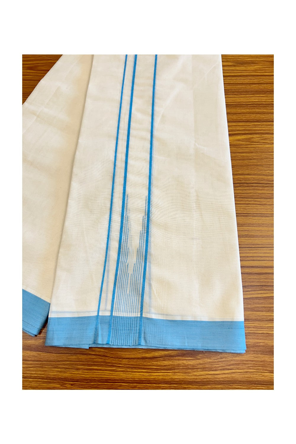 5% Discount!!! KaithariKada Balaramapuram  Double Off white - (Unbleached) Mundu/Dhoti - 80X90 - 2.25 inch Puliyilakkaara heavy chutty Sky blue stripes - 14KK5037KAI