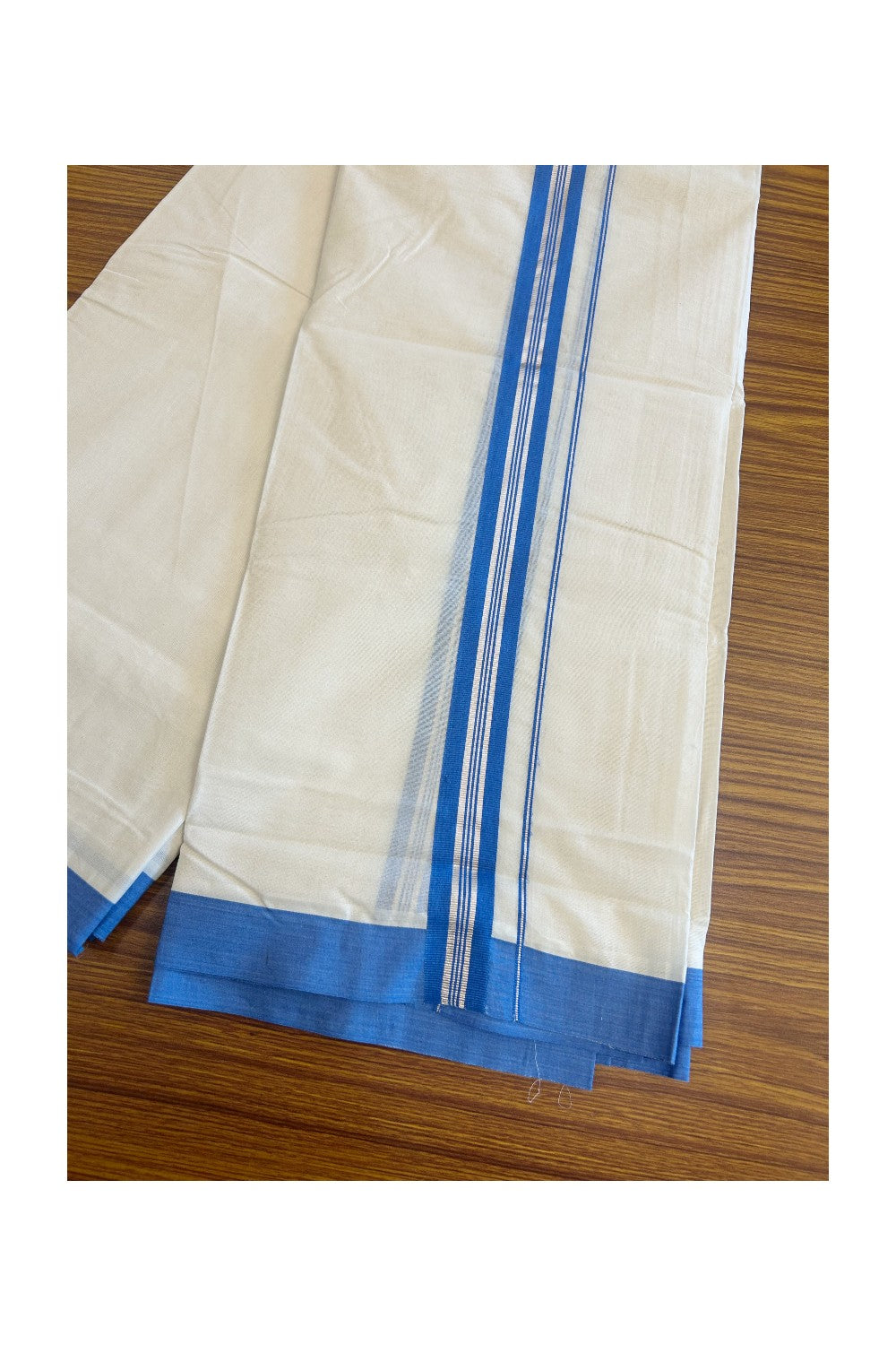 5% Discount New!! KaithariKada Balaramapuram 100% Cotton Double Off white -(Unbleached)- Mundu/Dhoti - 100x100 - 1.75inch Electric Blue & Silver Kasavu kara - 27