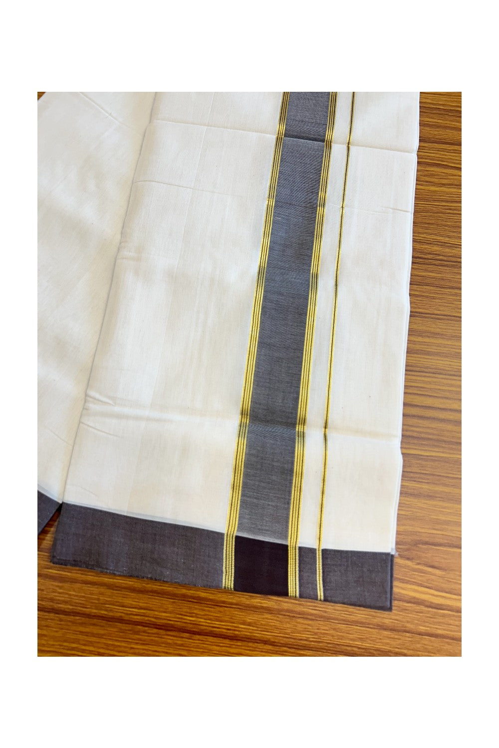 21% Discount KaithariKada HANDLOOM Unakkupaav Balaramapuram - 100% PURE Cotton Off White (Unbleached) Double Mundu/Dhoti - 2.75 inch Kasavu & Black Brown  Thick Kara-219