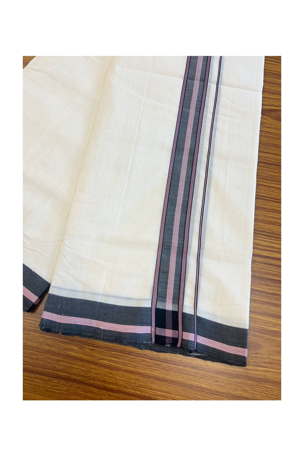 19% DISCOUNT!! KaithariKada HANDLOOM UNAKKUPAAV Balaramapuram - 100% PURE Cotton OFF White Double - (Unbleached) Mundu/Dothi - 2 inch Black & Pink Stripes Kara 3.82 meters - 14KK5049REA