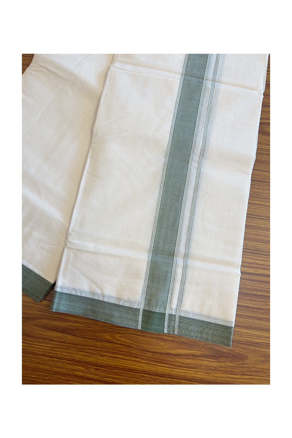 10% Discount KaithariKada Balaramapuram 100% Cotton Double Off white - (Unbleached) - Mundu/Dhoti-100x80 - 2.25.inch Seaweed Green Kara 3.75 mtr - 162