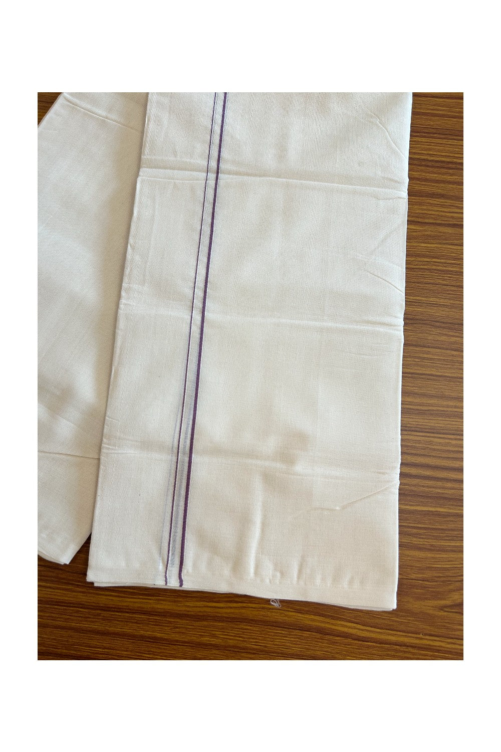 15% DISCOUNT! KaithariKada HANDLOOM Millpaav Balaramapuram - 100% PURE Cotton Off White Double - (Unbleached) Mundu/Dhoti - 1cm Purple Erkkilkara - 14KK5065KK