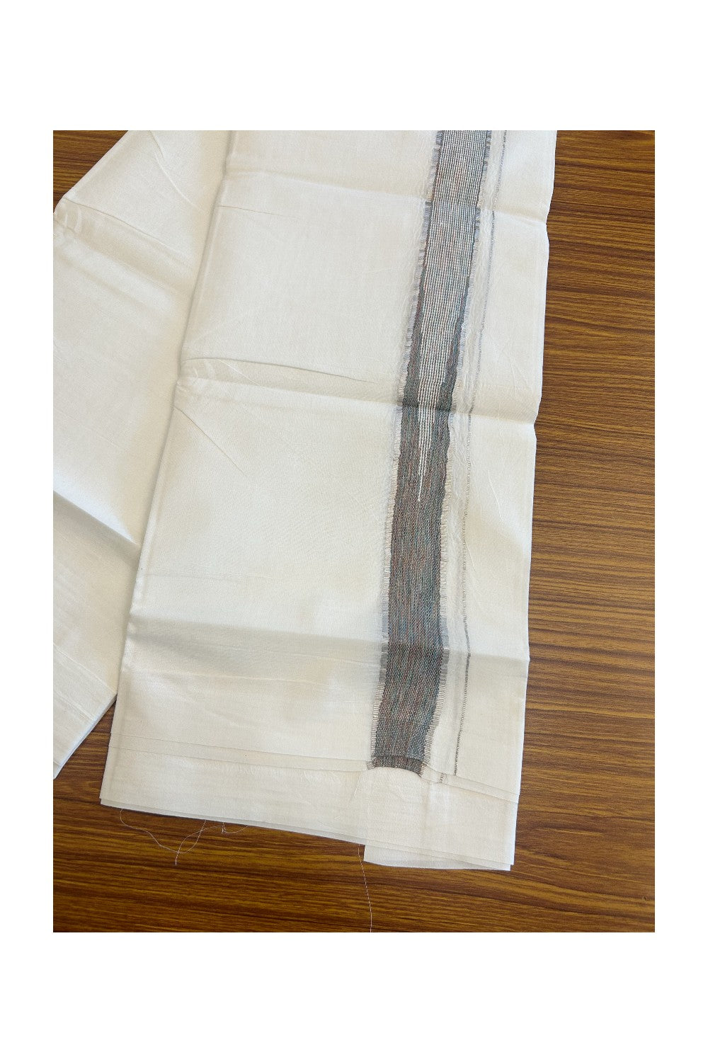 19% Discount!!! KaithariKada Balaramapuram  Double Off white - (Unbleached) Mundu/Dhoti - 80X90 - 2 inch Silver kasavu Multi colour Shaded heavy chutty Kara 3.85 meter - 14KK5058GUN