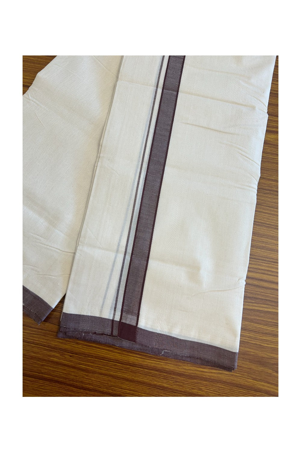 15% DISCOUNT! KaithariKada BALARAMAPURAM HANDLOOM Unakkupaav- 100% PURE Cotton 100x100 3.80 METER Double Mundu/Dhoti OFF WHITE (Unbleached)  - Dark Brown Kara