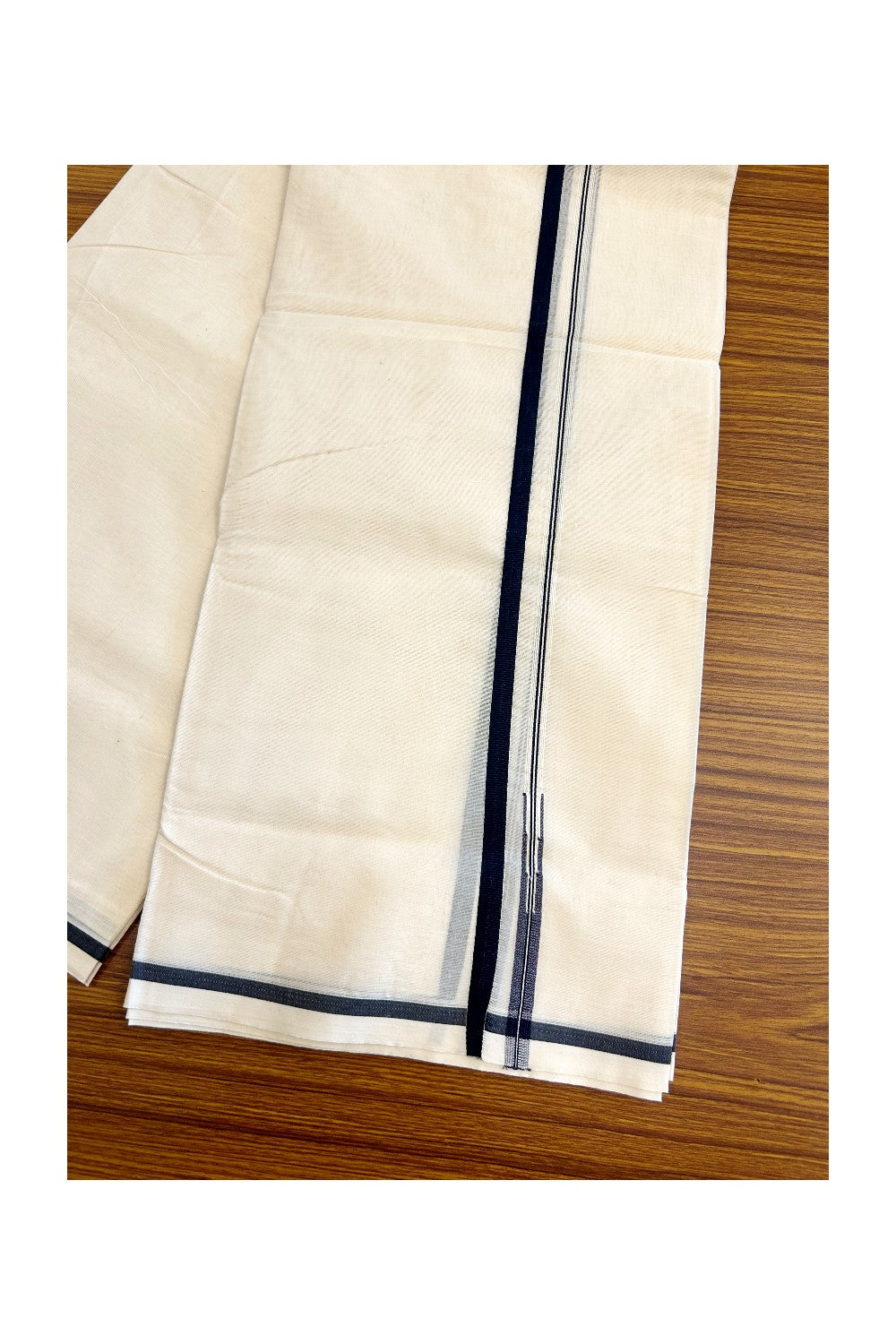 34% Discount KaithariKada Balaramapuram 100% Cotton Double Off white - (Unbleached) - Mundu/Dhoti- 100x100 - 0.25 inch Chutty Puliyilakkara Navy Blue Kara - 14KK5063KK