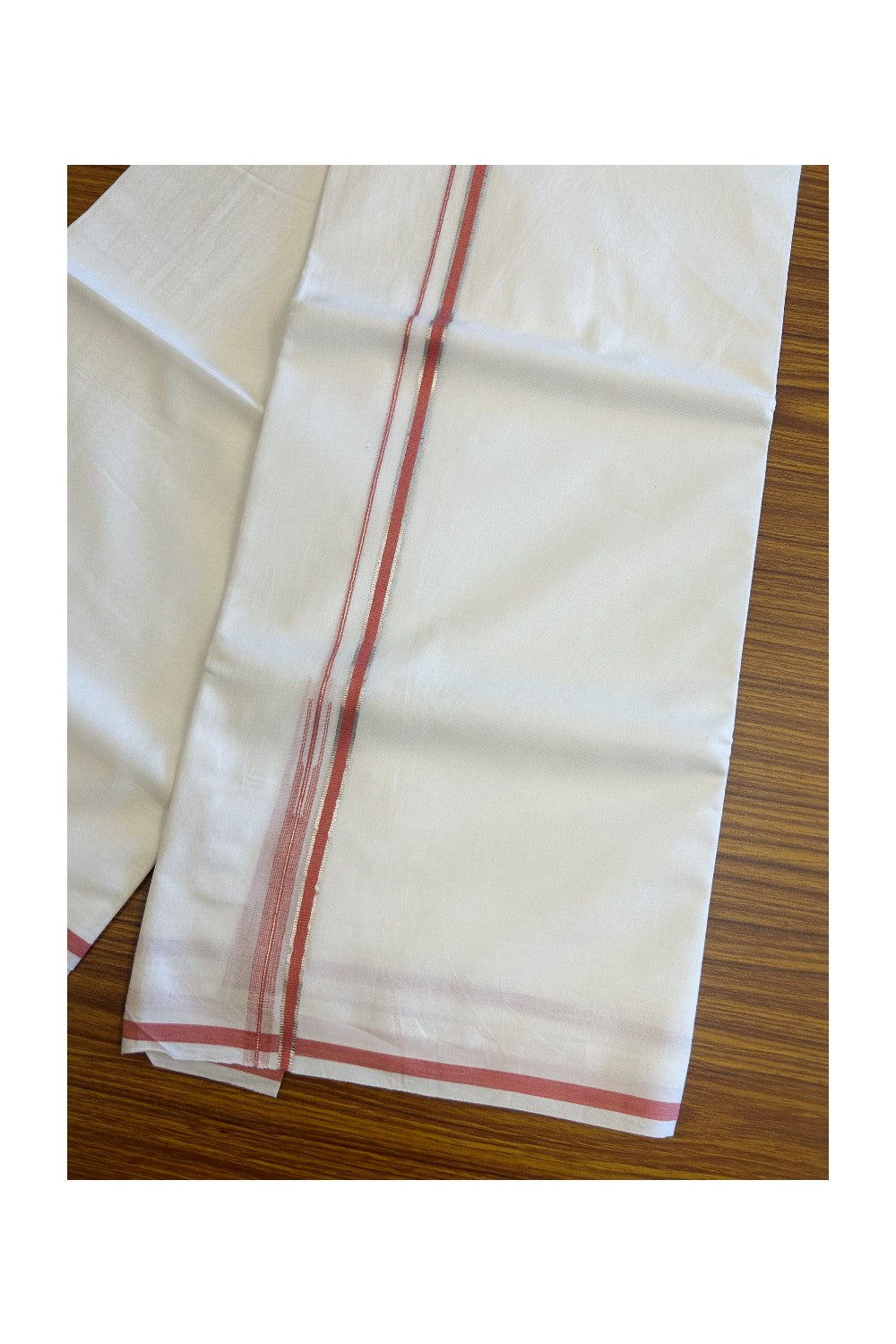 19% Discount !! KaithariKada Balaramapuram 100% Cotton PURE WHITE Double Mundu/Dhoti-100x100 - 1 cm Puliyilakkara Silver Kasavu & Peach Chutty Kara - 14KK5066KK