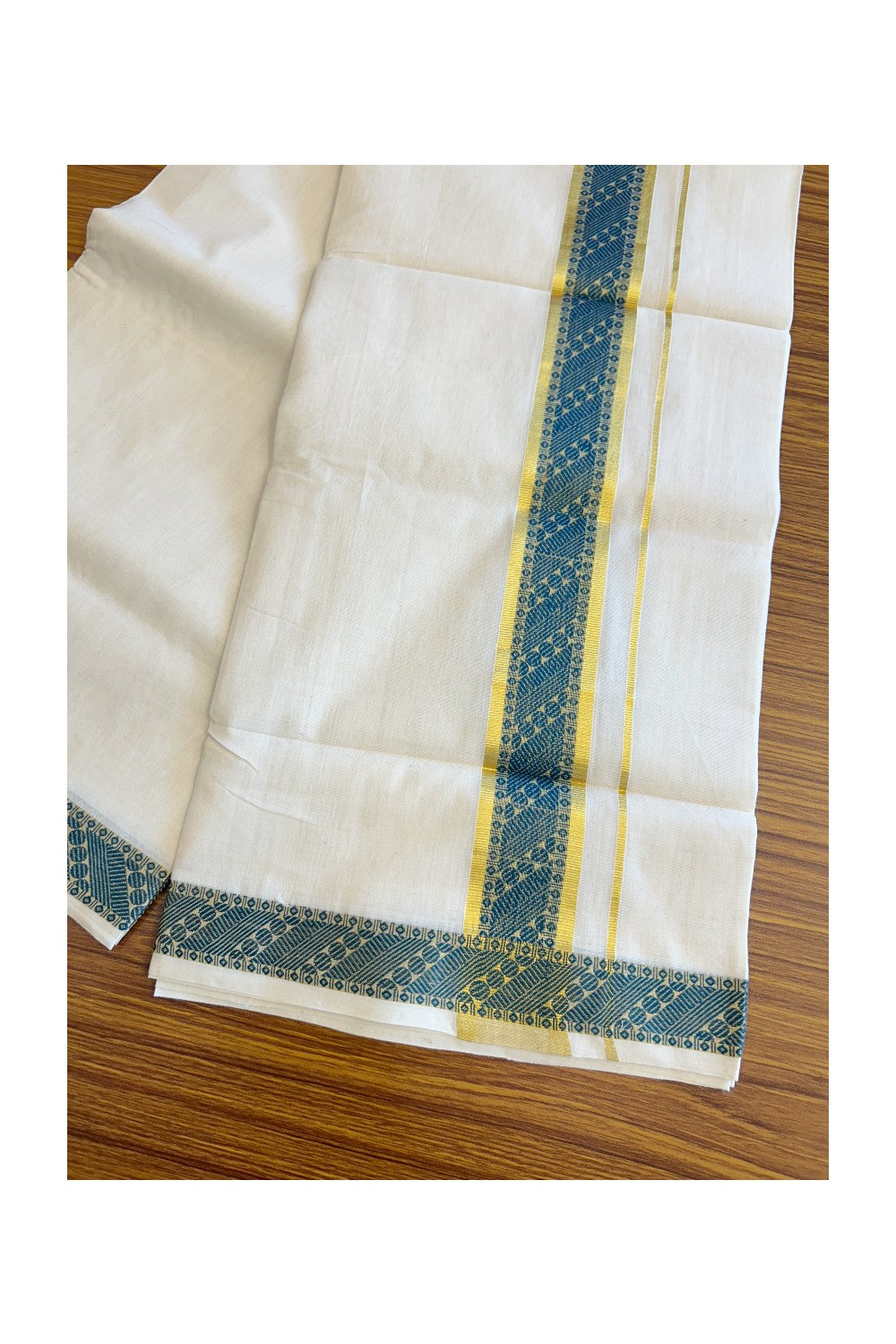 30% Discount!!! KaithariKada HANDLOOM UNAKKUPAAV Balaramapuram - 100% PURE Cotton off white (Unbleached) 100x100 - Double Mundu/Dhoti - 2.75 inch Kasavu & Peacock Blue pattern kara - 13KK5096YAR