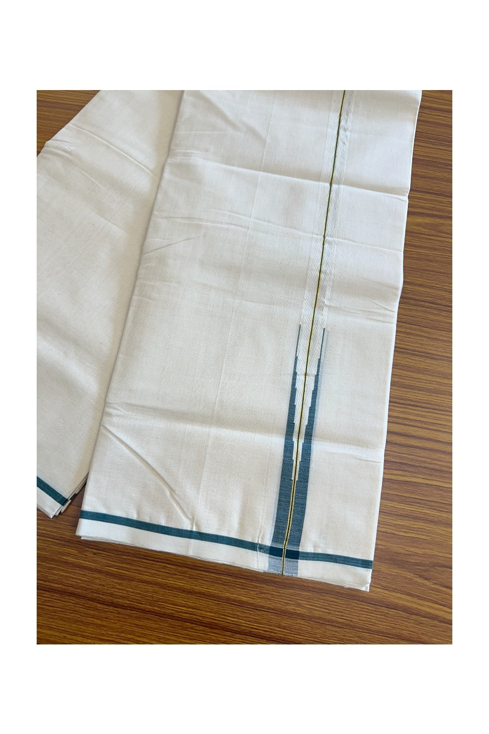 30% DISCOUNT!! KaithariKada HANDLOOM Millpaav Balaramapuram - 100% PURE Cotton OFF White - (Unbleached) Double Mundu/Dothi - 1 inch puliyilakkara Kasavu & Dark Green chutty Kara - 14KK5105RAM