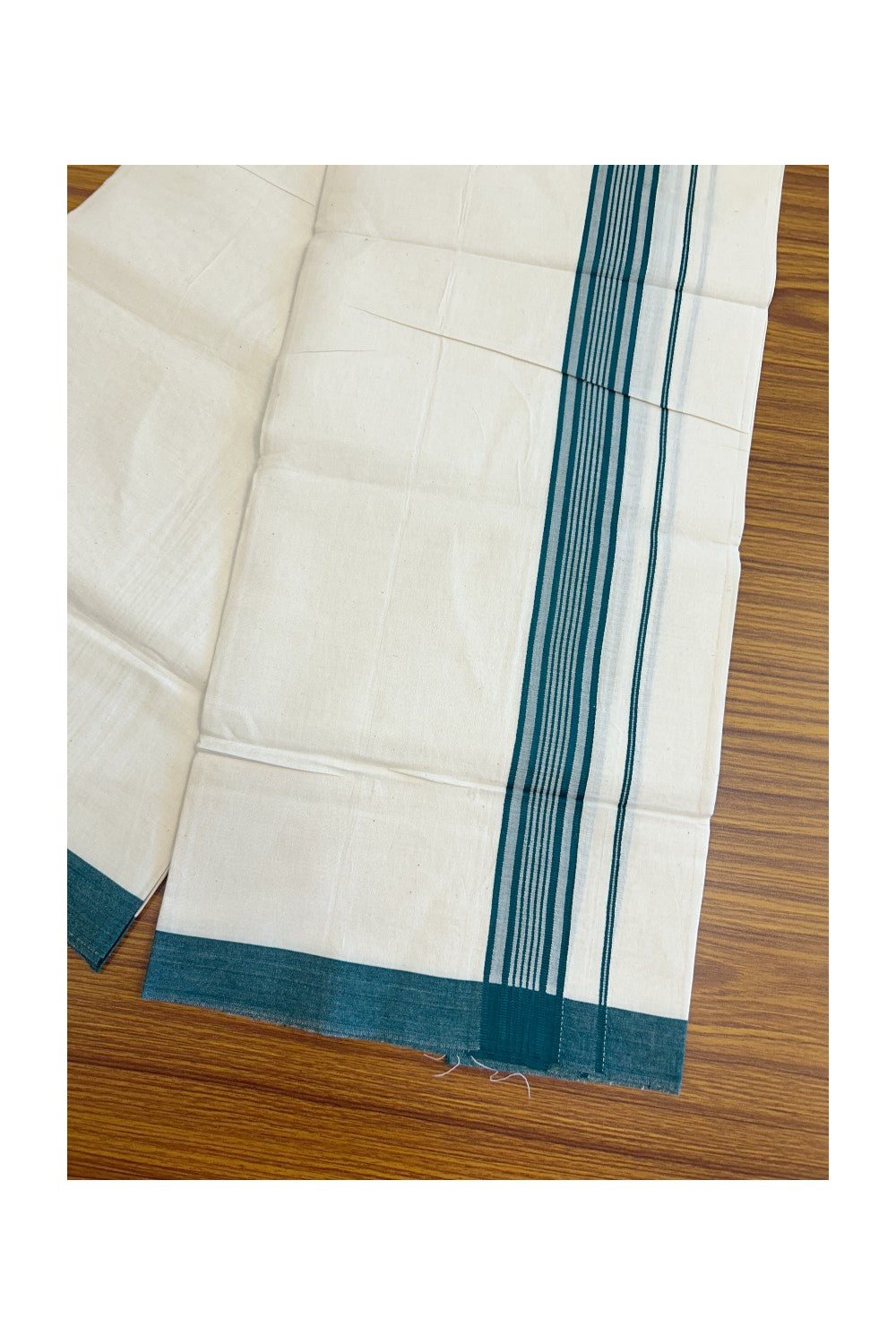 8% Discount ! Kaitharikada Balaramapuram 100% Cotton OFF WHITE SINGLE Mundu/Dothi (40s) - 2 inch Green & White shaded Stripes Kara (2 meter / 4 muzham) - 14KK5114THI