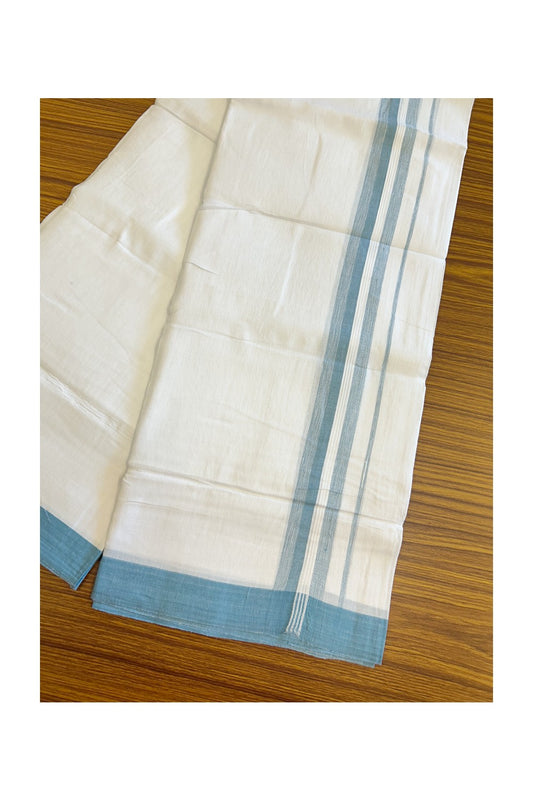 Linen Dhoti NEW! 20% Discount from Kaitharikada.com - Double Mundu/Dhoti 80x90 Thread PURE WHITE - Pure Cotton + Linen -2.25 Inch Blue & White Striped Kara - 32KK5115THI