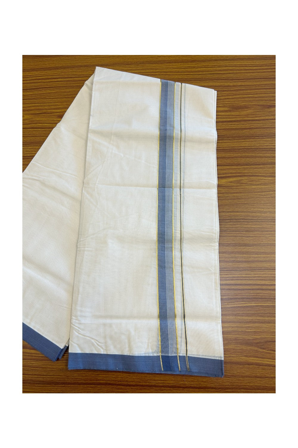 19% Discount !! KaithariKada - 100% PURE Cotton OFF White Double - (Unbleached) Mundu/Dothi -100x100 - 2 inch Ash Gray & Kasavu Striped Kara 4.50 Meters - 14KK5133ASH