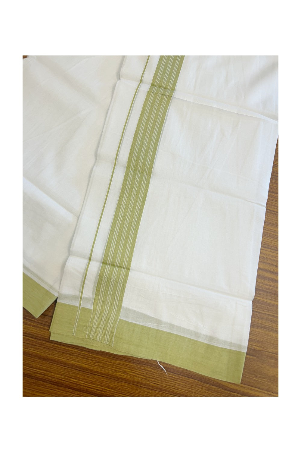 20% DISCOUNT! KaithariKada Balaramapuram 100% Cotton Double PURE white Mundu/Dhoti - 100x80 - 1.25 Inch Light Green Center Striped Kara - 14KK5135GAN