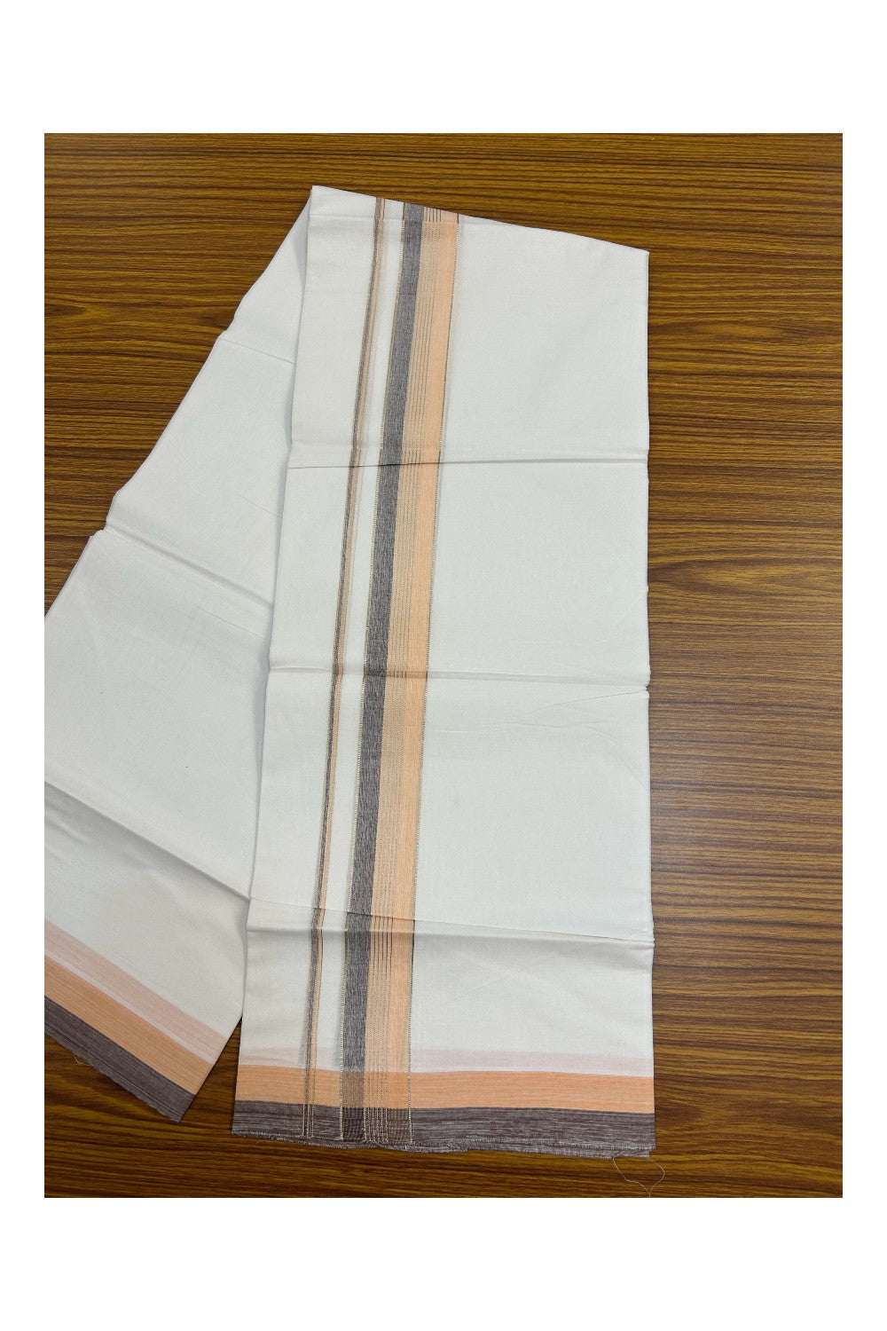 20% Discount !! KaithariKada Balaramapuram Double PURE WHITE Mundu/Dhoti- 100x80 - 1.5 inch Peach Brown Kara Silver Striped kara - 14KK5143PMC