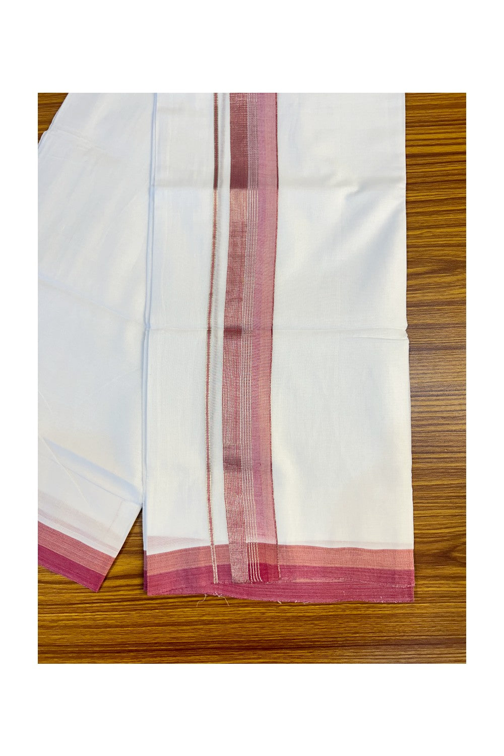 21% DISCOUNT!! Kaitharikada Balaramapuram 100% Cotton Ultra WHITE Double Mundu/Dothi-100x80   2.25 Inch Pink & silver striped Cotton Kara -14KK63VIN