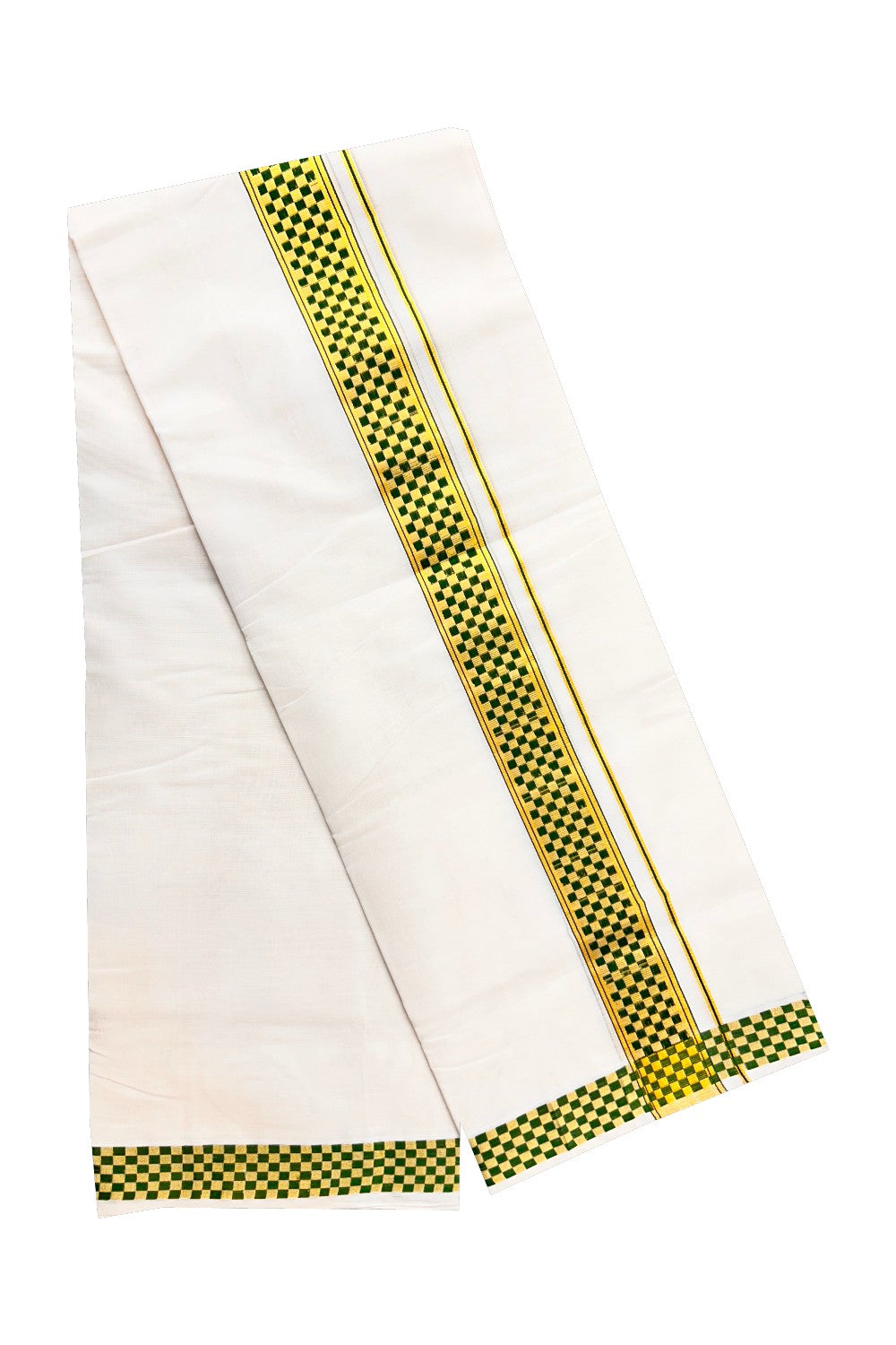 18 % DISCOUNT ! KaithariKada HANDLOOM Unakkupaav Balaramapuram - 100% PURE Cotton 4.58 Meter Off White Double Mundu/Dhoti - Green Check & KASAVU DESIGN 2.5 Inch  KARA- ABH15