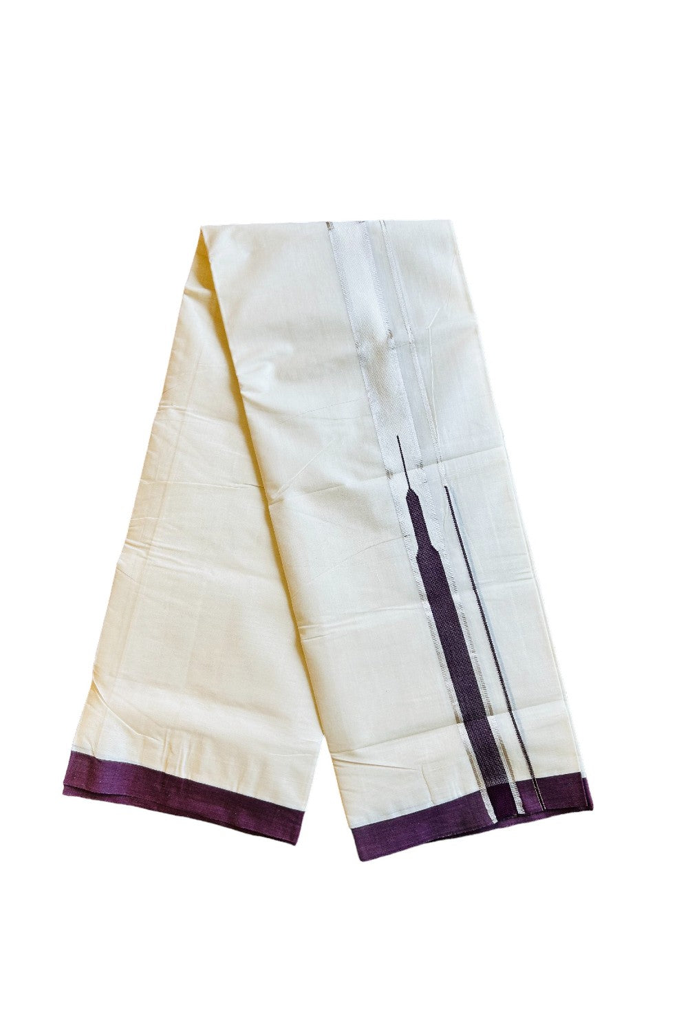 18% Discount !!KaithariKada Balaramapuram 100% Cotton Double - (Unbleached) Mundu/Dhoti - 100x100 1.5 inch Heavy Chutty Silver Kasavu & Dark Purple kara - 15KK401VIN