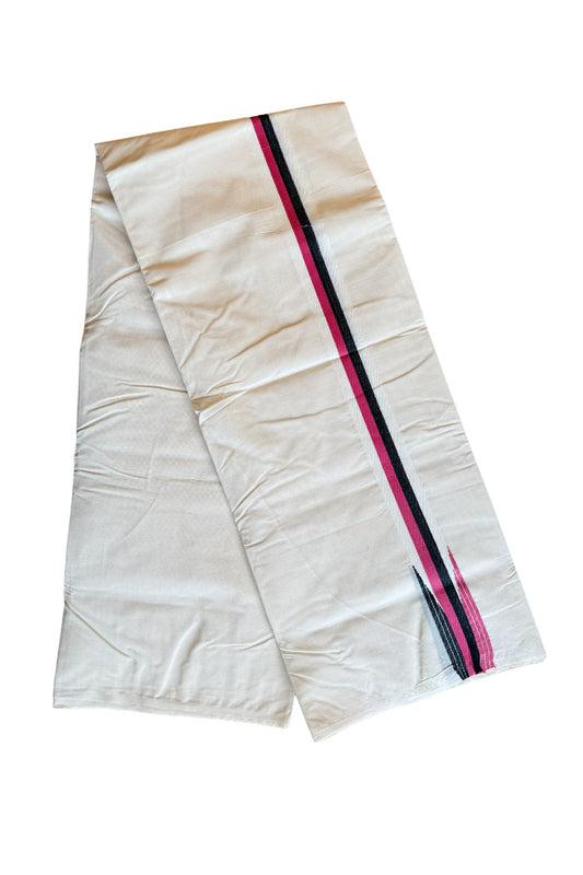 31% DISCOUNT ! KaithariKada 100% Cotton OFF WHITE Double Dhoti/Mundu- 1.5Inch Black & Magenta Color Puliyilakkara Chutty Stripes- 15KK411ASH