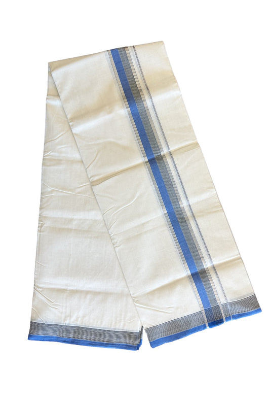 15% Discount!!! KaithariKada HANDLOOM UNAKKUPAAV Balaramapuram - 100% PURE Cotton off white (Unbleached) Double Mundu/Dhoti - 2.25 inch Silver kasavu Blue & Black striped kara - 15KK458SOM