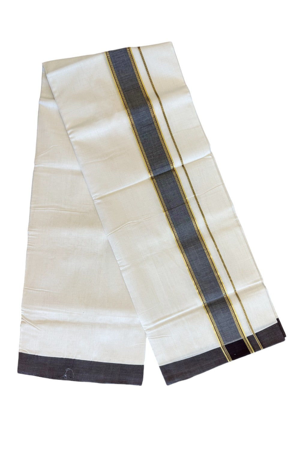 21% Discount KaithariKada HANDLOOM Unakkupaav Balaramapuram - 100% PURE Cotton Off White - (Unbleached) Double Mundu/Dhoti - 2.75 inch  Kasavu & Brown Kara- 15KK498KK