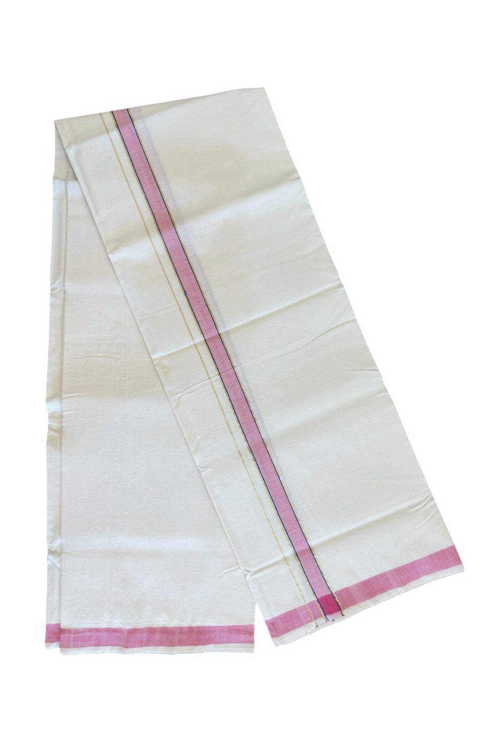 32% Discount KaithariKada 100% Cotton Balaramapuram HANDLOOM Single Mundu/Dhoti - Off White - (Unbleached) 1.25 inch Pink  & Blue Kasavu Kara - 15KK499KK