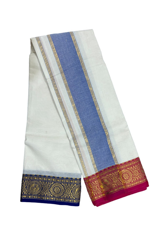 36% DISCOUNT! KaithariKada Cotton Mix -80x80 thread -80% Cotton & 20% Polyester - Off White - (Unbleached) -NORTH INDIAN - ATTACHED GAMCHA 9X5 Dhoti 5 inch Dark Blue kara with Pink & Blue Kasavu border  - 15KK5005PMC