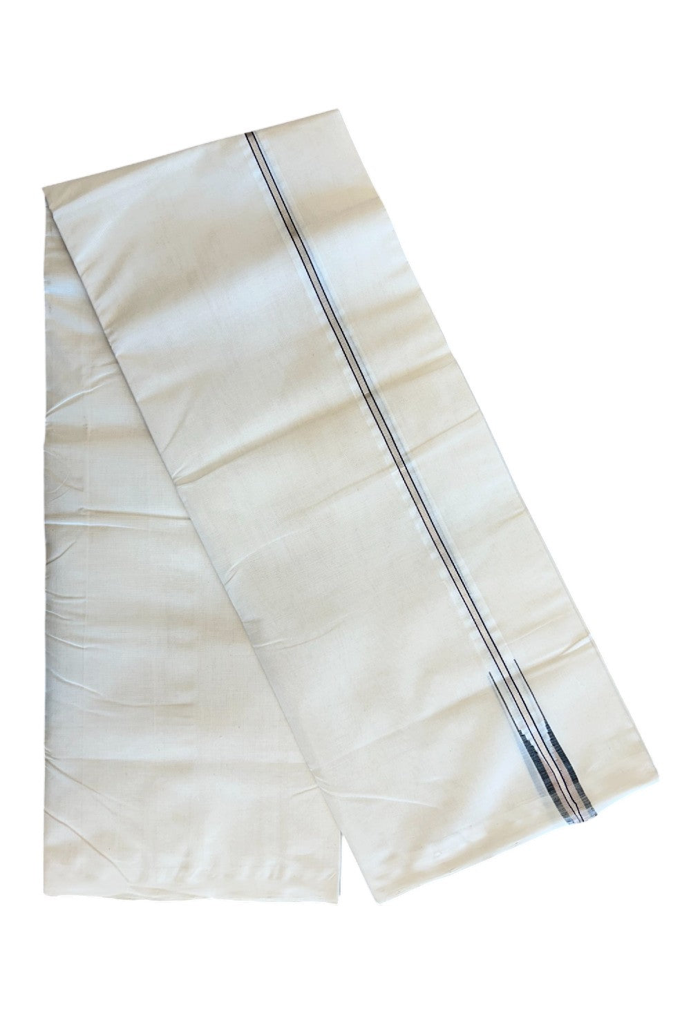 8% DISCOUNT!! KaithariKada HANDLOOM Millpaav Balaramapuram - 100% PURE Cotton OFF White - (Unbleached) Double Mundu/Dothi - 1inch Puliyilakkara Silver kasavu  Black & Cream chutty - 15KK5029RAM