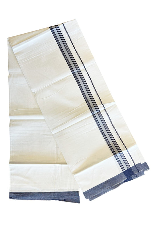 8% Discount ! Kaitharikada Balaramapuram 100% Cotton PURE WHITE SINGLE Mundu/Dothi- 2 inch Navy Blue Striped Kara - 15KK5032GAN