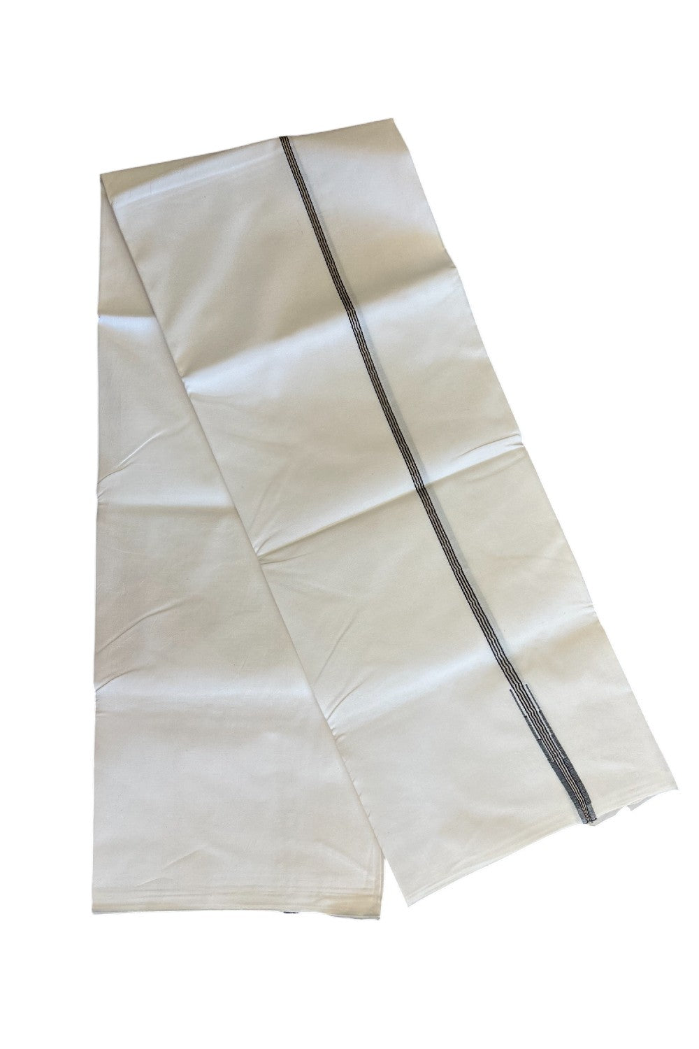 21% DISCOUNT!! KaithariKada Balaramapuram 100% Cotton PURE WHITE Single Mundu/Dhoti-100x100  Puliyilakkara 1.cm Silver kasavu & black striped chutty - 15KK5043ASH