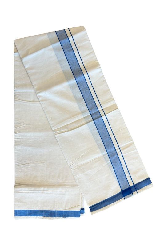 21% Discount!!! KaithariKada 100% Cotton Balaramapuram HANDLOOM off white (Unbleached) Single Mundu/Dhoti - 1.75 inch Kasavu & Blue Kara-5