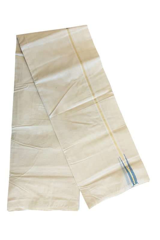 18% Discount Latest!! KaithariKada Balaramapuram 100% Cotton Double Off white - (Unbleached) - Mundu/Dhoti-100x100 - 2 cm Puliyilakkara Chutty 4 line Kasavu & Blue + Green Kara - 76