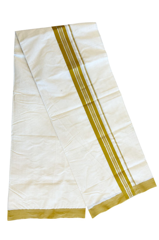 24% Discount !! KaithariKada 100% Cotton OFF WHITE - (Unbleached) Double Dhoti/Mundu- 100x100 2.25 inch Mustard Yellow & Silver Kasavu Striped Kara(10 Muzham) - 15KK5045ASH