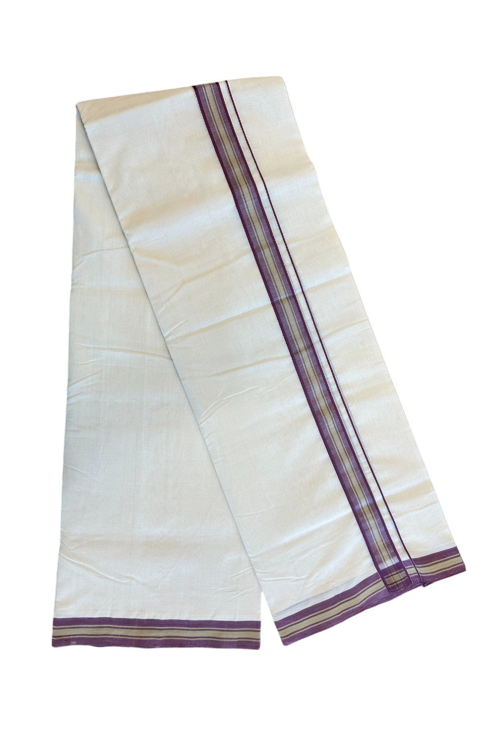 19% DISCOUNT!! KaithariKada HANDLOOM UNAKKUPAAV Balaramapuram - 100% PURE Cotton OFF White Double - (Unbleached) Mundu/Dothi - 1.5 inch Plum Violet & Sage Green Stripes Kara 3.82 meters - 15KK5049REA