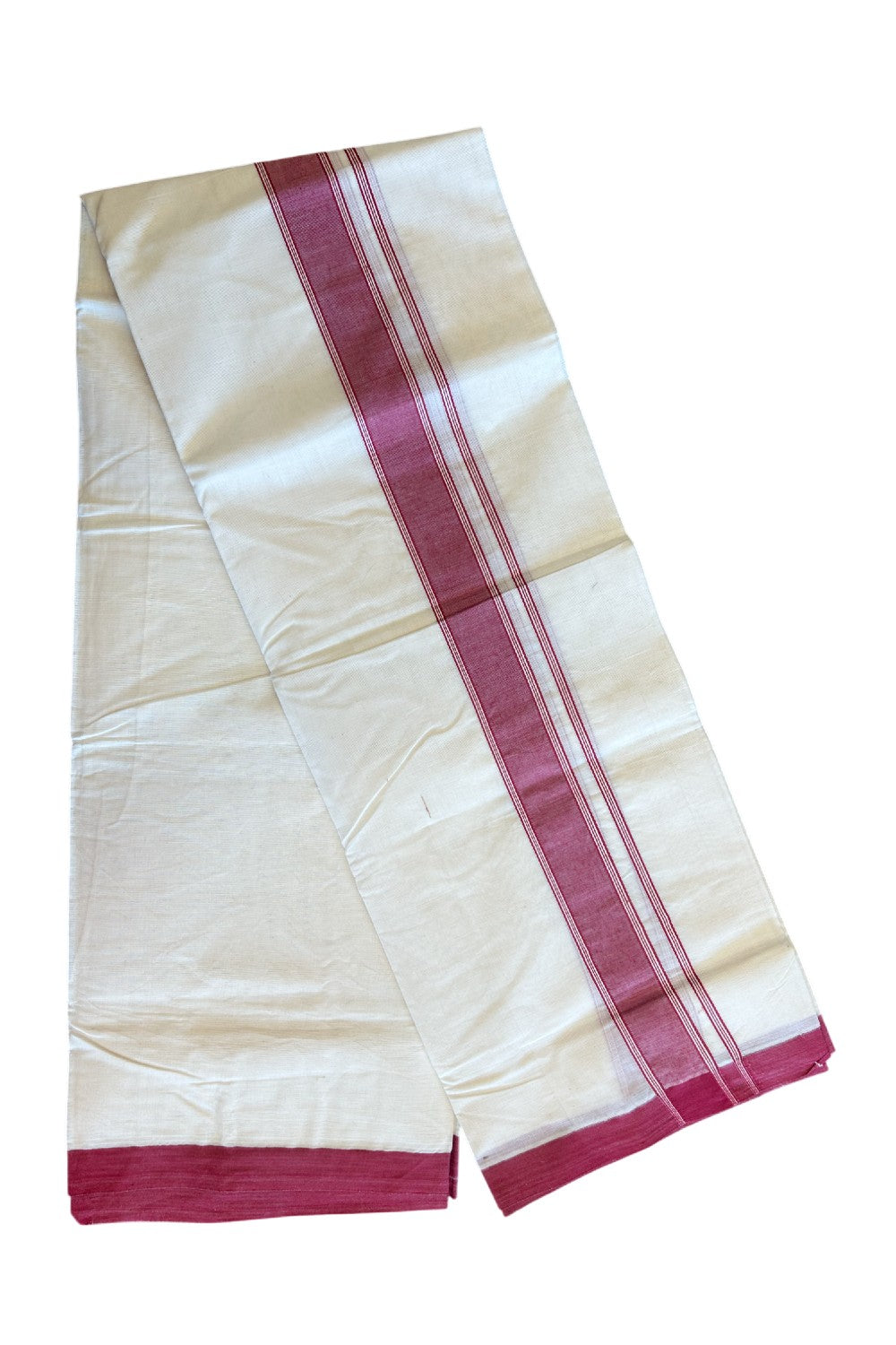 35% Discount KaithariKada Balaramapuram 100% Cotton Double Off white - (Unbleached) - Mundu/Dhoti- 100x80 - 2.25.inch Red Kara 3.75 mtr - 159