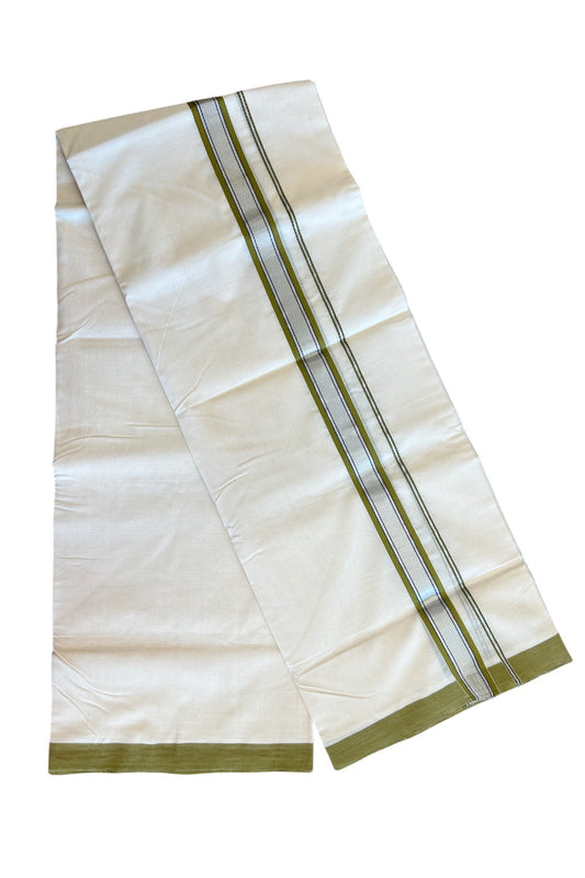 15% DISCOUNT! KaithariKada BALARAMAPURAM HANDLOOM UNAKKUPAAV - 100% PURE Cotton Off white (Unbleached) Double Mundu/Dhoti -  2.inch Silver Kasavu & Sage Green Kara-80