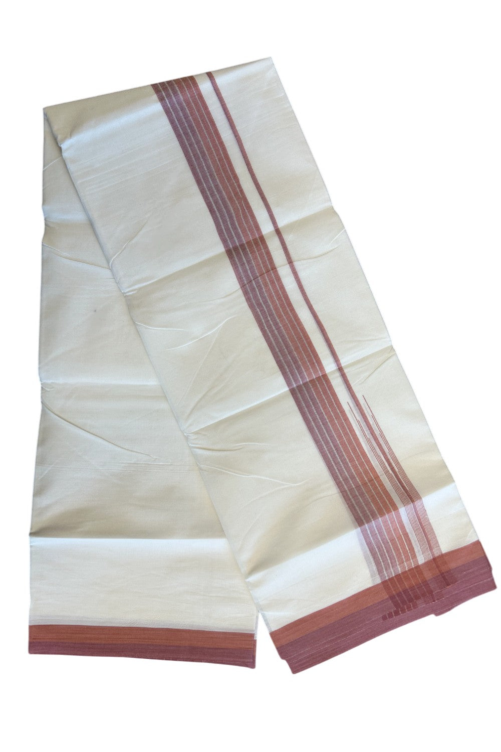 19% Discount!!! KaithariKada Balaramapuram  Double Off white - (Unbleached) Mundu/Dhoti - 80X90 - 2.25 inch Orange &Light Maroon Silver Striped puliyilakkara chutty Striped Kara 3.85 meters -15KK5058GUN