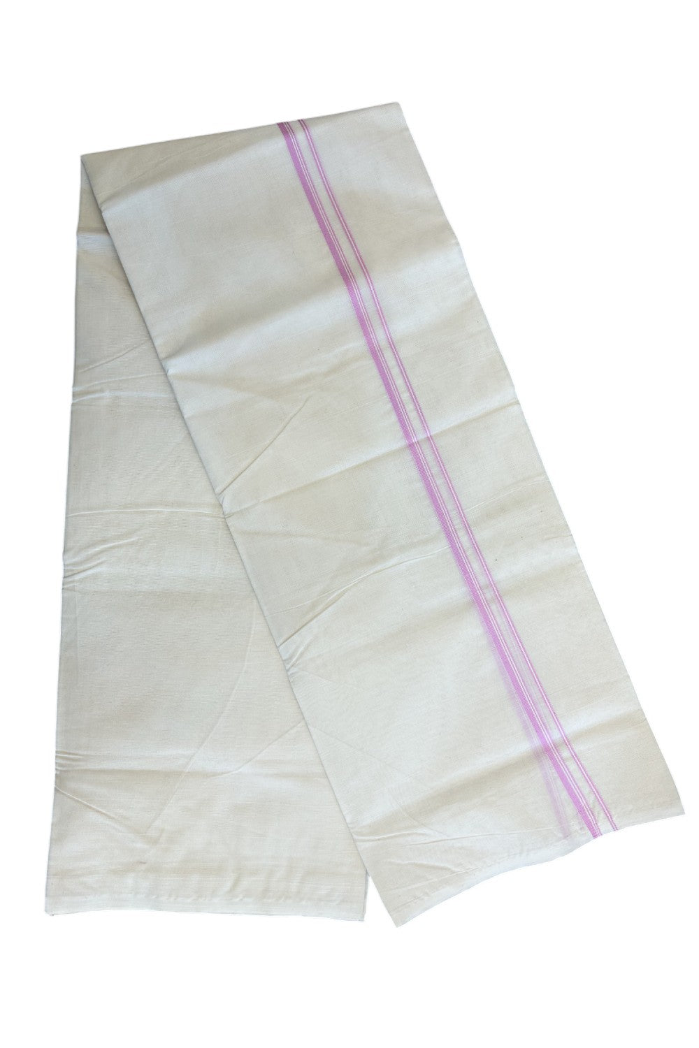 10% DISCOUNT ! KaithariKada Balaramapuram 100% Cotton Double Off white (Unbleached) Mundu/Dhoti-100X100-  LAVENDER PINK   & STRIPES 2.cm Kara. 3.75 mtr & 4 mtr - ASH013