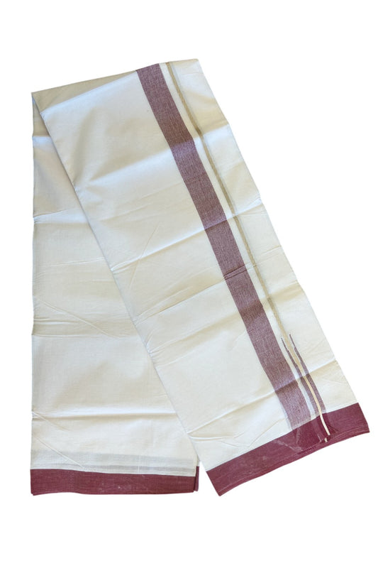 20% DISCOUNT! KaithariKada Balaramapuram 100% Cotton PURE WHITE Double Mundu/Dhoti-100x92 - 1.25 inch Puliyilakkara Silver Kasavu & Maroon Chutty Shaded Kara- 15KK5066KK